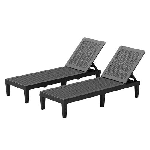 Greesum Outdoor Chaise Lounge Chairs Set of 2 with Adjustable Backrest, Waterproof PE Easy Assembly, Lightweight for Patio, Poolside, Beach, Yard, Dark Black - CookCave