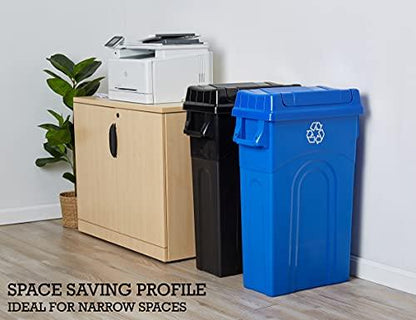 United Solutions 23 Gallon Highboy Plastic Recycling Bin Kitchen Trash Can with Lid, Pass Through Handles, and Dustpan Edge, Blue - CookCave