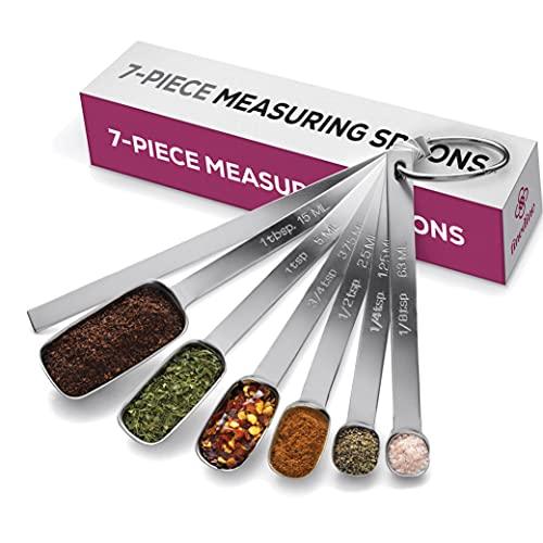 Premium Stainless Steel Measuring Spoons set - 7-Piece Kitchen Measuring Spoons With Leveler - Slim Design Fits In Spice Jars - Metal Measuring Spoon Set for Dry, Liquid Ingredients Cooking & Baking. - CookCave