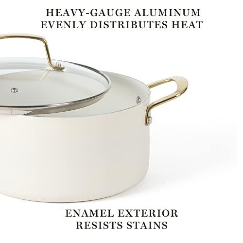 Martha Stewart Lockton Premium Nonstick PFA Free Ceramic Interior 10 Piece Heavy Gauge Enamel Aluminum Pots and Pans Cookware Set - Linen White w/Gold Handle - CookCave