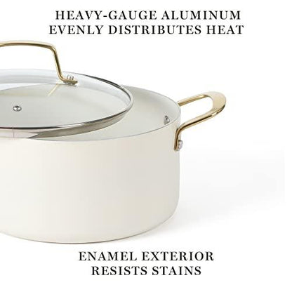 Martha Stewart Lockton Premium Nonstick PFA Free Ceramic Interior 10 Piece Heavy Gauge Enamel Aluminum Pots and Pans Cookware Set - Linen White w/Gold Handle - CookCave