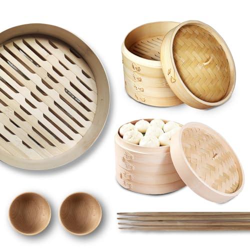 Grown Goods Bamboo Steamer Handmade Basket with Lid | 10 inch 2 Tier Steaming Basket Traditional Design | For Dumplings, Rice, Dim Sum, Vegetables, Fish, and Meat | Includes 50 liners, 2 bamboo sauce - CookCave