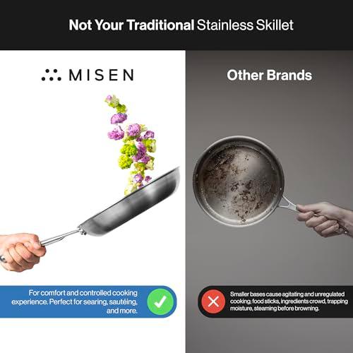 Misen 5-Ply Professional Stainless Steel Pan - Superior Heat Retention & Larger Cooking Surface for Searing & Sautéing - Cool Ergonomic Handle -12 Inch - CookCave