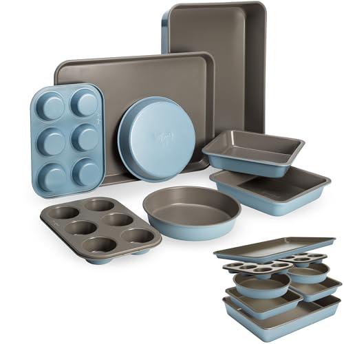 Goodful All-In-One Nonstick Bakeware Set, Stackable and Space Saving Design includes Round and Square Pans, Muffin Pans, Cookie Sheet and Roaster, Dishwasher Safe, 8-Piece, Blue Mist - CookCave