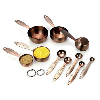 Copper Measuring Cups and Spoons Set, Stainless Steel 10 Piece Set, Stackable 5 Measuring Cups and 5 Measuring Spoons with 2 Rings, Antique Copper Plated - CookCave