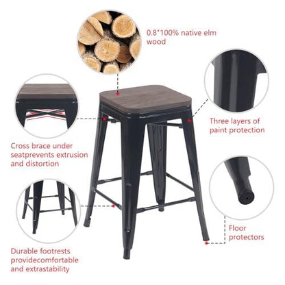 YOUNIKE Metal Bar Stools Set of 4 Counter Height Barstool Backless Stackable 24 Inches Wooden Seat Heavy-Duty Modern Bar Chairs Patio Home Kitchen Dining Indoor Outdoor (Black) - CookCave