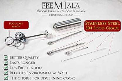 Premiala Awesome 304-Stainless Steel Meat Injector Syringe Kit - 3 Needles, Spare O-rings, E-book and Spares Available! The Original 2oz Marinade Injector Creates The Juiciest Turkey and BBQ Ever! - CookCave
