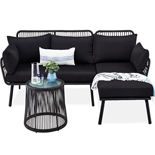 Best Choice Products Outdoor Rope Woven Sectional Patio Furniture L-Shaped Conversation Sofa Set for Backyard, Porch w/Thick Cushions, Detachable Lounger, Side Table - Black - CookCave