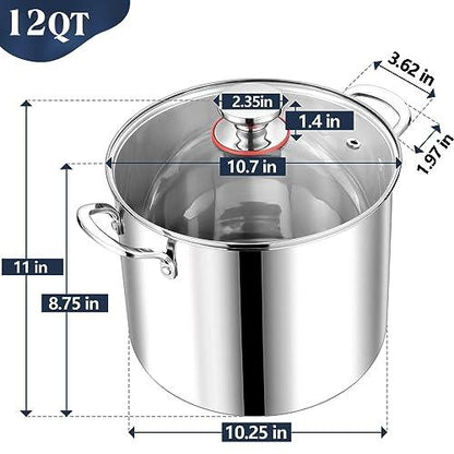 P&P CHEF 12 Quart Stainless Steel Stockpot with Glass Lid, Extra Large Stock Cooking Pot Cookware for Induction Gas Electric Stoves, Visible Lid & Measuring Markings, Heavy Duty & Dishwasher Safe - CookCave
