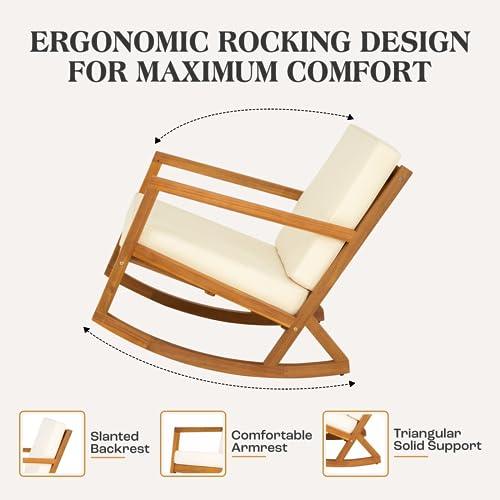 Idzo Premium Club Rocking Chair 500lbs Capacity with Inclined Backrest, Thick Foam, Solid Acacia Wood Rocker for Patio, Backyard, Balcony, Porch, 2 Cushions_Beige - CookCave