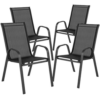 EMMA + OLIVER 4 Pack Black Outdoor Stack Chair with Flex Comfort Material - Patio Stack Chair - CookCave