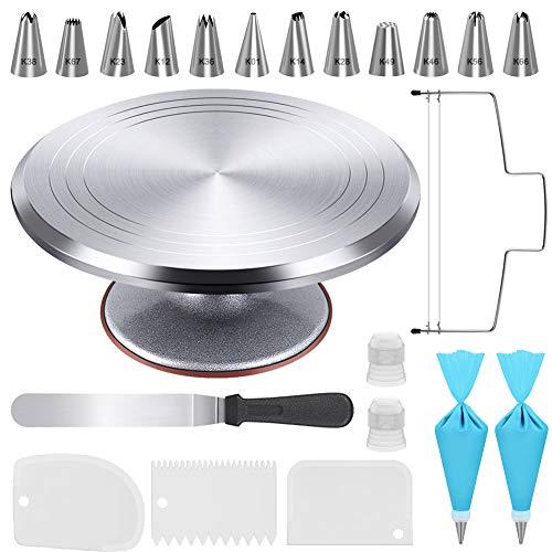 Kootek Aluminium Cake Decorating Turntable, 12 Inch Rotating Cake Stand, 22pcs Baking Supplies Tools with Icing Spatula, Cake Leveler, 3 Icing Smoother, 12 Icing Piping Tips, 2 Pastry Bag - CookCave