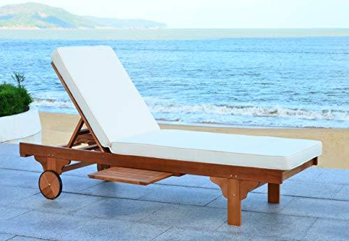 SAFAVIEH Outdoor Collection Newport Natural/ Beige Cushion Built-in Side Table Adjustable Chaise Lounge Chair - CookCave