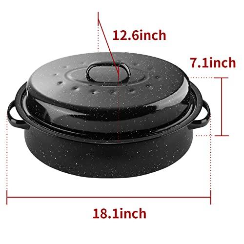 DIMESHY 18Inch Roasting Pan, Enamel on Steel, Black Covered Oval Roaster Pan with Lid, Large Cookware for Turkey, Small Chicken, Roast Baking Pan. - CookCave