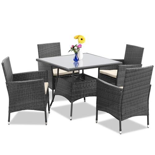 Solaste 5 Piece Patio Dining Sets, Patio Table and Chairs for 4 with Cushions, Wicker Outdoor Dining Set w/Square Tempered Glass Tabletop with Umbrella Hole, for Backyard, Balcony, Porch, Grey - CookCave