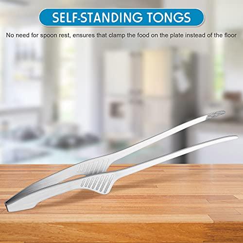 Korean and Japanese BBQ Tongs Self-Standing Grill Tongs Non-Slip Cooking Utensils Stainless Steel Tongs for Serving Food, Salad, Camping, Barbecue, Buffet, Oven with Support Stand (Silver, 4 Pieces) - CookCave