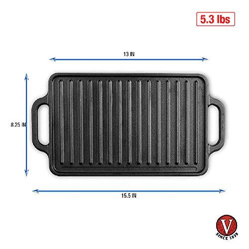 Victoria Rectangular Cast Iron Griddle. Double Burner Griddle, Reversible Griddle Grill, 13 x 8.5 Inch, Seasoned with 100% Kosher Certified Non-GMO Flaxseed Oil, Model: GDL-189 - CookCave