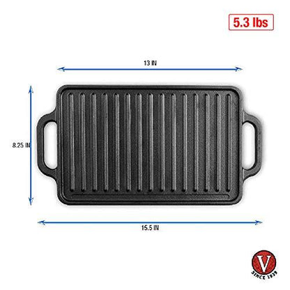Victoria Rectangular Cast Iron Griddle. Double Burner Griddle, Reversible Griddle Grill, 13 x 8.5 Inch, Seasoned with 100% Kosher Certified Non-GMO Flaxseed Oil, Model: GDL-189 - CookCave