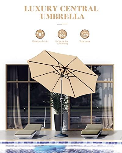 Zersun 9FT Patio Umbrella, Solar Powered LED Umbrellas with 32 LED Lights 8 Ribs/Tilt Adjustment and Crank Lift System for Garden, Backyard and Pool - Tan - CookCave