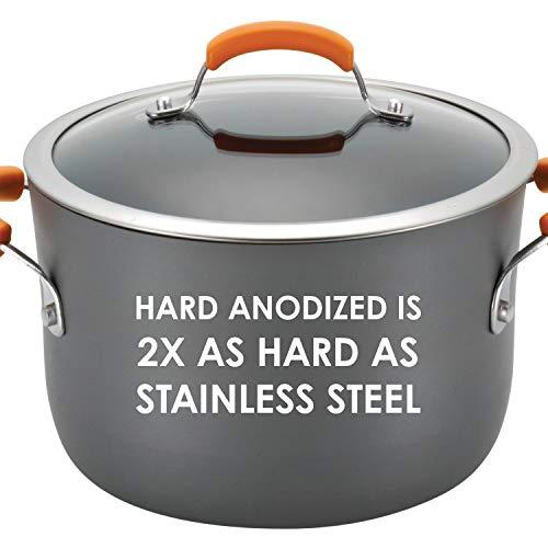 Rachael Ray Brights Hard Anodized Nonstick Stock Pot/Stockpot with Lid, 10 Quart, Gray with Orange Handles - CookCave