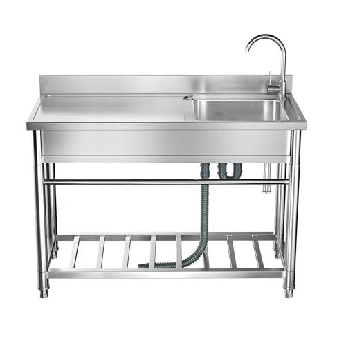 GANACISER Stainless Steel Sink Set w/Cold and Hot Water Pipe, Prep & Utility Sink Free Standing Single Bowl Washing Hand Basin for Laundry, Commercial Restaurant Sink w/Workbench, 39.4in. - CookCave