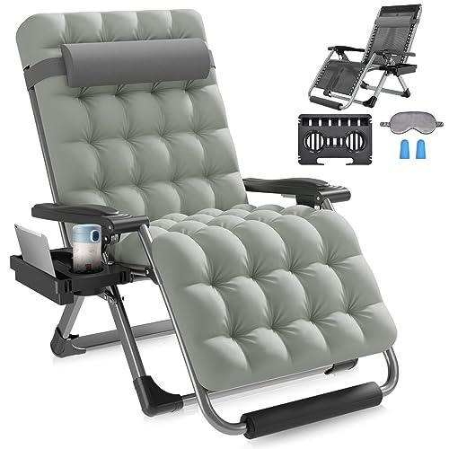 Slendor Oversized Padded Zero Gravity Chair XXL, 33inch Zero Gravity Recliner, Folding Reclining Lounge Chair,Indoor Outdoor Patio Chairs with Pillow, Cushion, Footrest,Cup Tray, Support 500lbs, Grey - CookCave