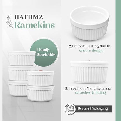 HATHMZ Ramekins with Lids, Pack of 6, 8oz White - Porcelain Creme Brulee Ramekins & Souffle Dishes for Oven - Scratch Resistant & Stackable - Ramekin Ideal for Serving and Baking - CookCave