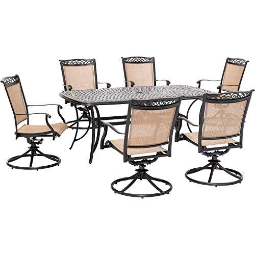 Hanover Fontana 7-Piece Outdoor Patio Dining Set with 38"x72" Cast-Top Rectangular Table and 6 Quick-Dry Sling Swivel Rocker Chairs, Modern Weather Resistant Furniture Set with Table and Chairs - CookCave