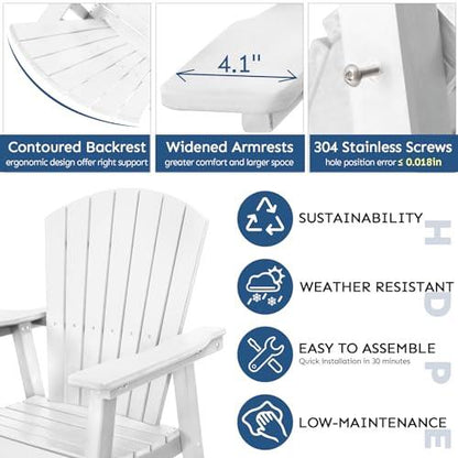 Tall Adirondack Chairs Set of 2, Weather Resistant HDPE Adirondack Barstools, Balcony Chairs with Double Connecting Tray & Umbrella Hole, Patio Stools for Outdoor Deck Lawn Pool Backyard, White - CookCave