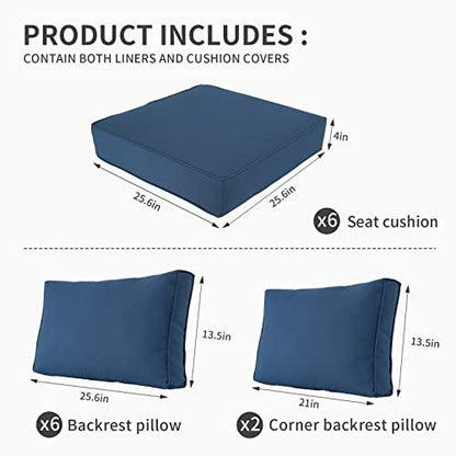 Valita Outdoor Furniture Replacement Cushions, Fits 6-seat Sectional Rattan Conversation Set, 14 Piece Patio Water-Resistant Replacement Sofa Cushions, Liner&Cover (Navy Blue) - CookCave