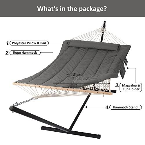 SUNCREAT Double Outdoor Hammock with Stand, Two Person Cotton Rope Hammock with Polyester Pad, Dark Gray - CookCave