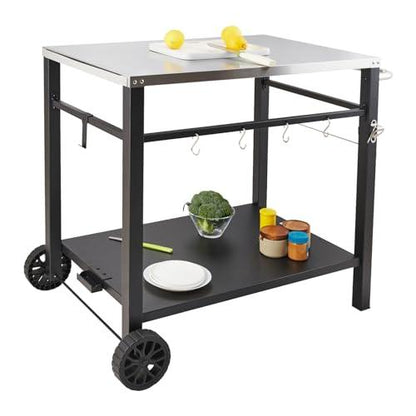 VEVOR Outdoor Grill Dining Cart with Double-Shelf, BBQ Movable Food Prep Table, Multifunctional Stainless Steel Table Top, Portable Modular Carts for Pizza Oven, Worktable with 2 Wheels, Carry Handle - CookCave