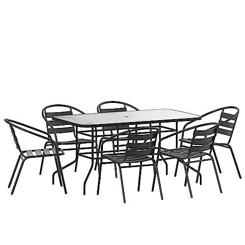 Flash Furniture Lila 7 Piece Patio Dining Set - 55" Tempered Glass Patio Table with Umbrella Hole, 6 Black Metal Aluminum Slat Stack Chairs - CookCave