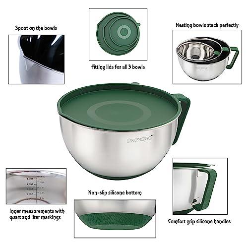 Rorence Mixing Bowls Set: Stainless Steel Non-Slip Bowls with Pour Spout, Handle and Lid - Set of 3 - Green - CookCave