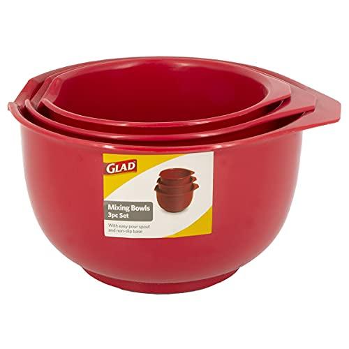 GLAD Mixing Bowls with Pour Spout, Set of 3 | Nesting Design Saves Space | Non-Slip, BPA Free, Dishwasher Safe Plastic | Kitchen Cooking and Baking Supplies, Red - CookCave