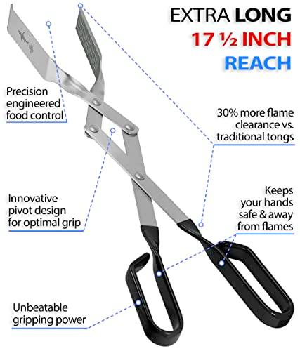 Shark BBQ Grill Tongs for outdoor grilling: Scissor metal food tong, stainless steel. Best cooking accessories for barbecue. Charcoal & kitchen. Works in smoker & flat top. Tool gift for men (Black) - CookCave