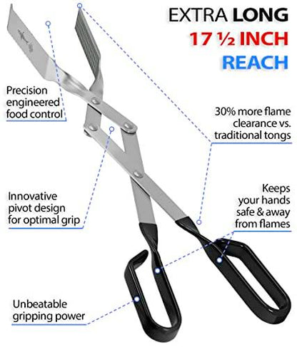 Shark BBQ Grill Tongs for outdoor grilling: Scissor metal food tong, stainless steel. Best cooking accessories for barbecue. Charcoal & kitchen. Works in smoker & flat top. Tool gift for men (Black) - CookCave