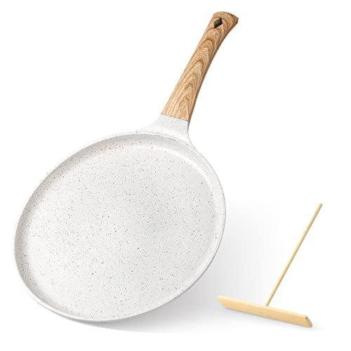 Zalnuuk Crepe Pan, 11 Inch Nonstick Dosa Tawa with Spreader, for All Stove, Tortilla Pan with Detachable Handle, Cream White - CookCave