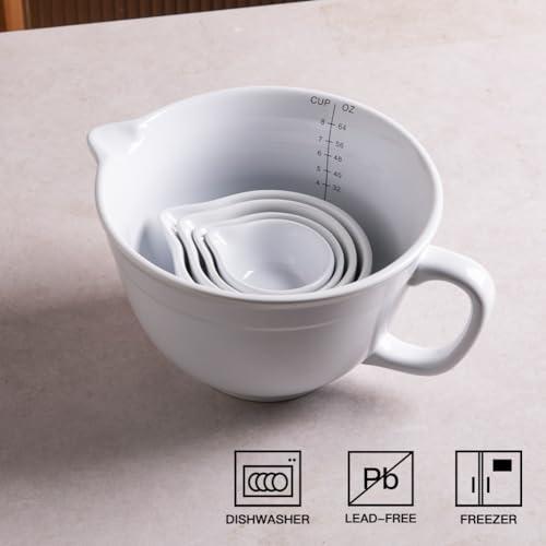 Sweejar Porcelain Mixing Bowl with Scale, Ceramic Serving Container for Kitchen, Nesting Bowl with Handle, Using for Baking, Prepping, Cooking, Lead-Free, Set of 5(White) - CookCave