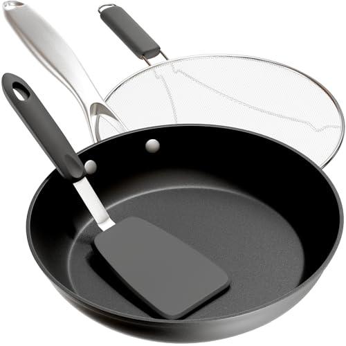 Frying Pans Nonstick - 10" Non Stick Frying Pan with Lid Splatter Screen - Lightweight Aluminum Fry Pan Skillet Includes Spatula - 2" Deep Egg Pan, PFAS-Free and PFOA Free, Dishwasher Safe, Oven Safe - CookCave