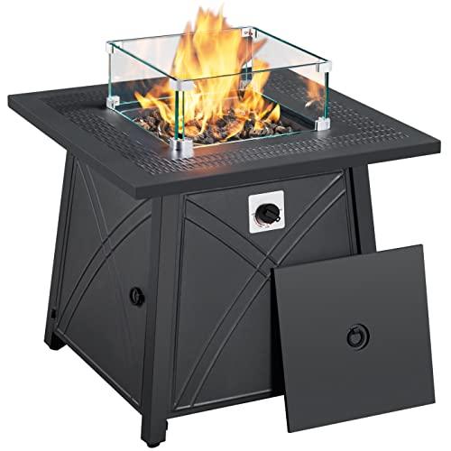 Yaheetech 28 in Outdoor Gas Fire Pit Table with Glass Wind Guard, Lava Rocks and Lid, 50,000 BTU Square Propane Fire Pit for Patio Party Garden Backyard Deck, Heavy Duty Gas Firepit, Black - CookCave