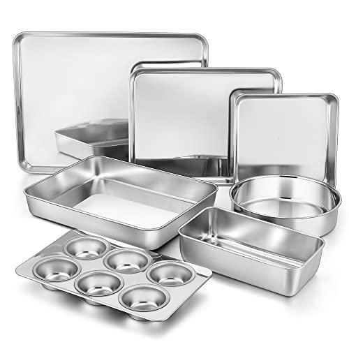 TeamFar Bakeware Sets of 7, Stainless Steel Bakeware Sets for Oven, Baking Sheet & Toaster Oven Pan, Square & Round Cake Pan, Muffin Pan & Loaf Pan, Lasagna Pan, Healthy & Sturdy, Dishwasher Safe - CookCave