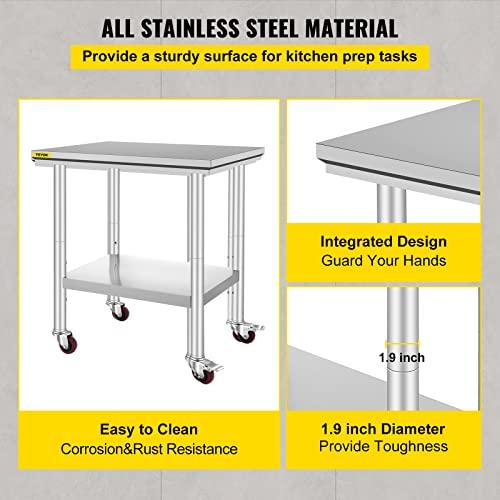 Mophorn Stainless Steel Work Table with Wheels 24 x 30 x 32 Inch Prep Table with 4 Casters Heavy Duty Work Table for Commercial Kitchen Restaurant Business - CookCave