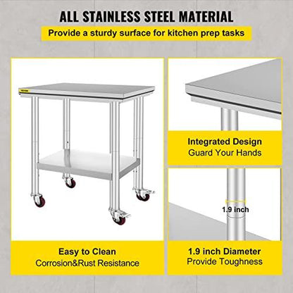 Mophorn Stainless Steel Work Table with Wheels 24 x 30 x 32 Inch Prep Table with 4 Casters Heavy Duty Work Table for Commercial Kitchen Restaurant Business - CookCave