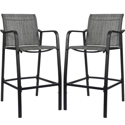 Sundale Outdoor Metal Bar Stools Set of 2, Patio Counter Height Barstools with Back Armrest, Modern Quick Dry Fabric Wrought Iron High Seating Chairs-Steel Gray - CookCave