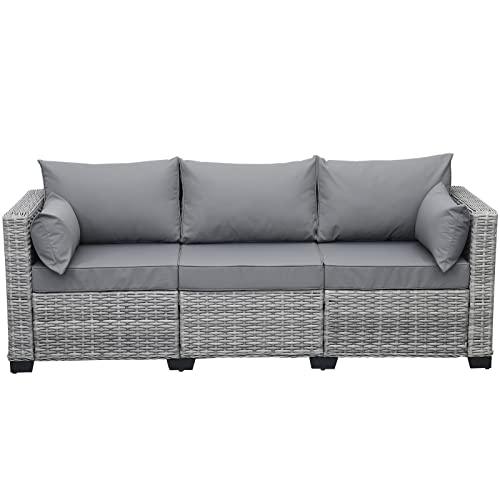 Rattaner Outdoor Furniture Outdoor Couch Grey Wicker Patio Furniture 3-seat Sofa Deep Seat Hight Backrest with Waterproof Cover and Anti-Slip Cushions, Grey - CookCave