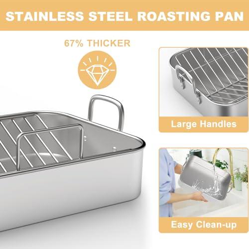 Roasting Pan, EWFEN 17*13 Inch Stainless Steel Turkey Roaster with Rack - Deep Broiling Pan & V-shaped Rack & Flat Rack, Non-toxic & Heavy Duty, Great for Thanksgiving Christmas Roast Chicken Lasagna - CookCave