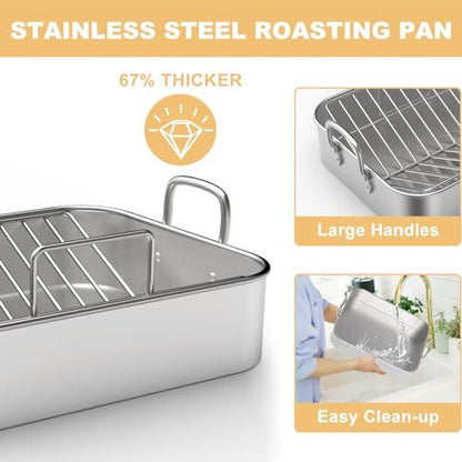 Roasting Pan, EWFEN 17*13 Inch Stainless Steel Turkey Roaster with Rack - Deep Broiling Pan & V-shaped Rack & Flat Rack, Non-toxic & Heavy Duty, Great for Thanksgiving Christmas Roast Chicken Lasagna - CookCave