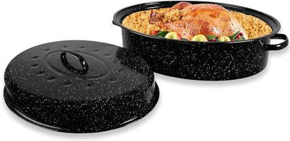 Bovado 15.5" Enamel Oval Turkey Roaster with Lid - 12lb Capacity, Nonstick, Dishwasher Safe - CookCave