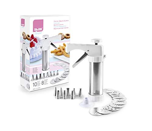 Ibili Cookie Press Gun, 18/10 INOX Stainless Steel Cookie Press for Baking, Dishwasher Safe, Includes 10 Variated Discs and 8 Interchangeable Nozzles - Made in Spain - CookCave